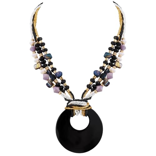 Coiris Shell Pendant Statement Strand Necklace for Women Boho Multi Beads Natural Stone Colorful Necklace Bohemian Handmade Chunky Shell Beaded Collar Jewelry for Women - color: Black