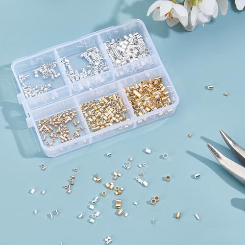 Beebeecraft 1 Box 600Pcs 6 Styles Silver Crimp Beads 18K Gold & Sterling Silver Plated Tube Crimp Beads 1/2/2.5mm Column Stoppers End Caps Loose Spacer Beads for Jewelry Making