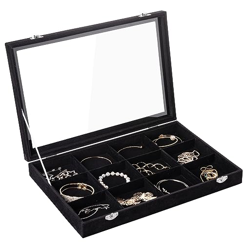 Frebeauty Velvet Jewelry Tray,12 Grid Jewelry Organizer with Clear Lid,Bracelets Holder,Jewelry Display Case with Clasp,Drawer Insert Bangle Brooch,13.8 x 9.5 x 2 Inches,Gift for Women Girls(Black) - color: Black, size: 12 Grid