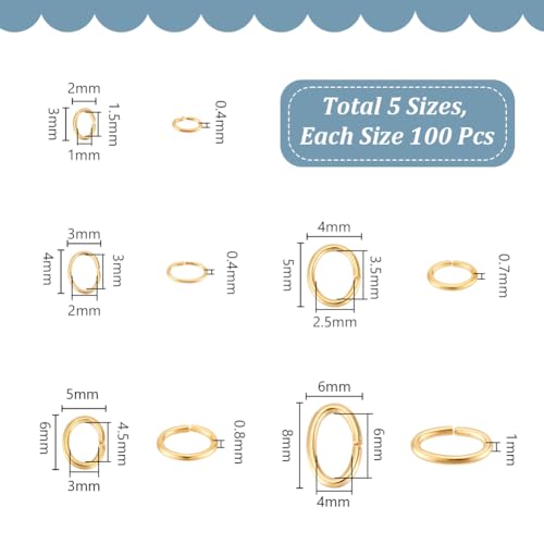 UNICRAFTALE 500Pcs 5 Sizes 18K Gold Plated Oval Stainless Steel Open Jump Rings for Jewelry Making DIY Craft Earring Bracelet Pendant Choker Making and Key Ring Chain - size: 2/3/4/5/6mm