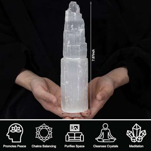 RattanView Large Selenite Tower 8'' Selenite Bracelet Holder Display Organizer Stand Healing Cleansing Recharging Home Decor