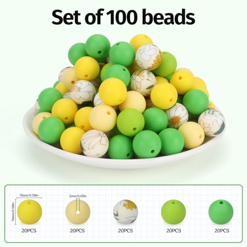 100 Pcs 15mm Silicone Beads for Keychain Making, Pink Gream Silicone Beads Bulk Round for Bracelets Pens Crafts Jewelry Making (Green Yellow) - color: Green Yellow