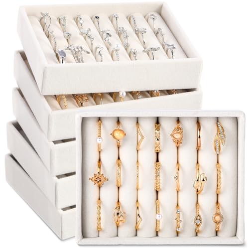 6 Pcs Small Jewelry Tray-ring Organizer Velvet Rings Earring Display Tray Mini Storage Insert Holder 7 Slots for Drawer(Beige) - color: Beige