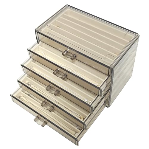 Necklace Organizer Box 5 Drawers Necklace Holder Organzer with 30 Compartments Velvet Necklaces Display Case with Lid Acrylic Jewelry Organizer for Necklace Pendant Chains (Brown Beige) - color: Brown Beige