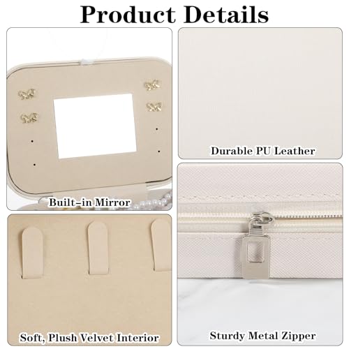 2-Pack PU Leather Travel Jewelry Organizer Cases with Mirror for Women, Portable Velvet Jewelry Box Set for Earrings, Rings, Necklace, Bracelet - Luxury Gift Set (Beige)