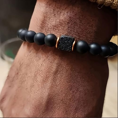 Elastic Adjustable Mens Bracelet - 8mm Black Onyx & Lava Stone Beads Bracelets Jewelry Gift for Men, Beads Charm Bracelet with Elastic Cord, Birthday Gifts for Him Dad Husband