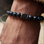 Elastic Adjustable Mens Bracelet - 8mm Black Onyx & Lava Stone Beads Bracelets Jewelry Gift for Men, Beads Charm Bracelet with Elastic Cord, Birthday Gifts for Him Dad Husband