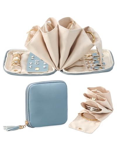 Lolalet Travel Jewelry Case Organizer, Small Jewellery Pouch with Compartments for Storage, Soft Velvet Bag for Traveling Women, Full-Zip Packing for Necklaces, Earrings, Bracelets -Dustyblue - color: Dustyblue