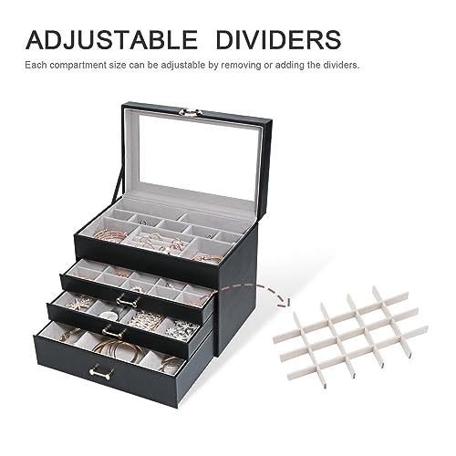 Jewelry Organizer Jewelry Boxes for Women, Jewelry Box with Clear Glass Lid 4-Tier with 3 Drawers, Gift for Women Girl, Black Glass Lid - color: Black Glass Lid