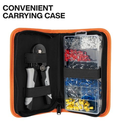 Klein Tools 34060 Ferrule Crimping Tool Set with Ratcheting Square Crimper Pliers, 1200 Wire Terminals (10-22 AWG), and Soft Carrying Case for Electrical Applications - size: Crimper w/ Terminals
