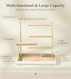 Emibele Jewelry Holder, Jewelry Organizer Stand Necklace Earrings Bracelet Holder, 5 Tier Jewelry Display Tower Rack with Metal Frame and Velvet Ring Tray, Aesthetic Jewelry Stand Gift for Women, Gold - color: Gold & White
