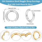SUNNYCLUE 1 Box 24Pcs 2 Colors Real 18K Gold Plated Gold Silver Huggie Earrings Stainless Steel Huggie Hoops Bulk Leverbacks Findings Metal Round Ear Hoops for Jewelry Making DIY Crafts Women Supplies - style: Chic