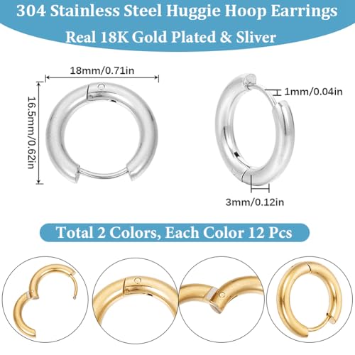 SUNNYCLUE 1 Box 24Pcs 2 Colors Real 18K Gold Plated Gold Silver Huggie Earrings Stainless Steel Huggie Hoops Bulk Leverbacks Findings Metal Round Ear Hoops for Jewelry Making DIY Crafts Women Supplies - style: Chic