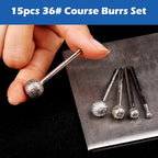 1/8 Shank Diamond Grinding Burr Drill Bit Ball Shape Diamond Rotary Bit,15pcs 36# Course Burrs Set Mounted Points Bit Universal Fitment Rotary Tool for Stone Carving, DIY,Polishing, Engraving