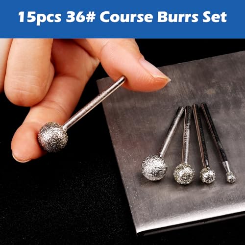 1/8 Shank Diamond Grinding Burr Drill Bit Ball Shape Diamond Rotary Bit,15pcs 36# Course Burrs Set Mounted Points Bit Universal Fitment Rotary Tool for Stone Carving, DIY,Polishing, Engraving