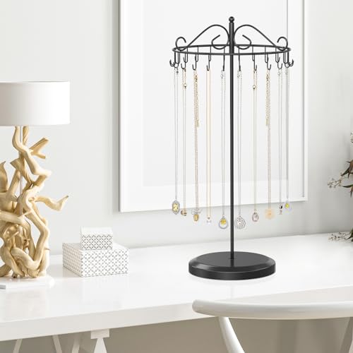 iDavosic.ly Rotating Necklace Holder Organizer with 24 Hooks, Adjustable Metal Bracelet Display Stand Rack, Extra Tall Keychain Spinning Tree Tower for Women, Black - color: Black - 1 Tier