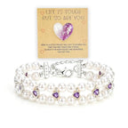 Double Layer Pearl Heart Bracelets for Women, Cubic Zirconia Charm Jewelry, Adjustable Gold Silver Stackable Bracelet Jewelry Set Birthday Gift for Mom Daughter Wife - color: Silver-Purple