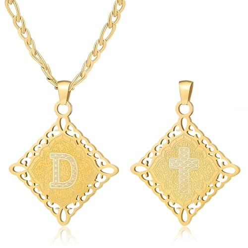 LETFLY Initial Necklaces for Women Men, 18K Gold Plated Letter Cross Pendant Necklace Alphabets A-Z Figaro Chain Jewelry Gifts - color: Rhombic, style: Letter D