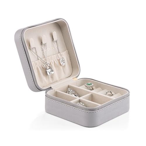 Vlando Small Travel Jewelry Box Organizer Display Case for Girls Women Gift Rings Earrings Necklaces Storage, Light Grey - color: Light Grey