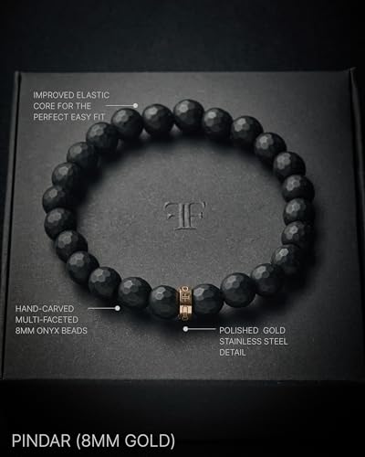 Forge & Foundry Faceted Matte Black Onyx Stone Beaded Bracelet | Custom Signature Stainless Steel Bead | ‘Pindar’ | 8mm and 10mm Bead Desgins | Refined Hand-Crafted Jewelry - color: 8mm Gold, size: Large