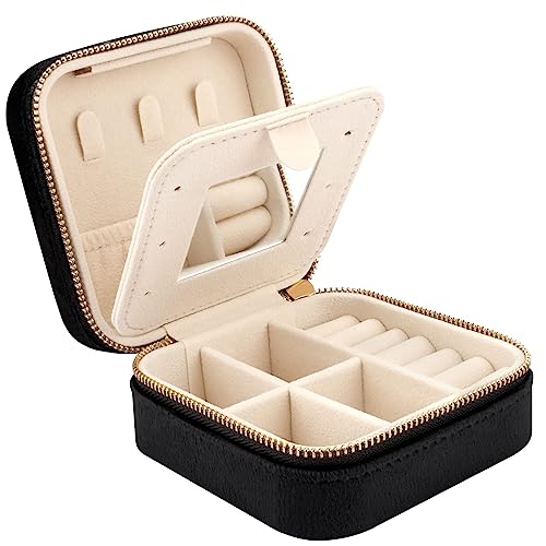 DesignSter Travel Jewelry Box - Velvet Jewelry Organizer, Small Jewelry Case, Jewelry Storage Box for Rings Earrings Necklace (Square, Black) - color: Black, size: Square