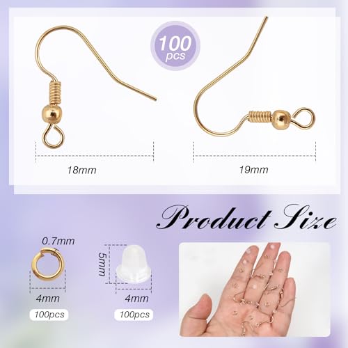 TOAOB 300pcs Earring Hooks Kits K Gold French Ear Wires with Ball and Coil 18mm Fish Hook Earring Making Supplies with Jump Rings and Clear Silicone Ear Backs for DIY Jewelry Findings - color: K gold