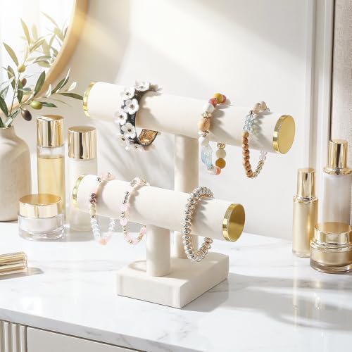 Coward 2 Tier Bracelet Holder Stand, Necklace Bangle Bracelet Watch Display Rack, Jewelry Hairband Scrunchie Organizer Storage Tower for Women (Beige Velvet) - color: Beige