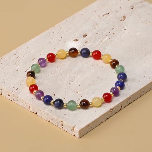QOGIR 14k gold Handmade Healing Bracelet, Natural Gem Stone Crystal Elastic Gold Bracelet - color: 7 Chakra - Activate The Chakras, size: 6m