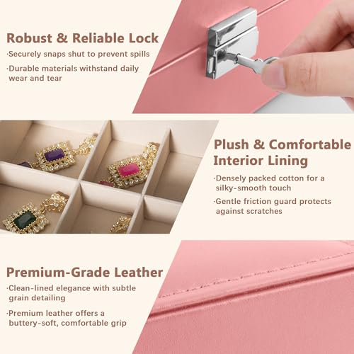 Homeanda Jewelry box 2 layer Jewelry box Leather Jewelry boxes for Women Girls Teens Jewelry organizer box Jewelry Storage box with lock(Pink) - color: Pink