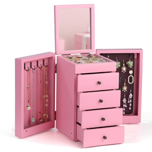 Meangood Jewelry Box Wood for Wowen, 5-Layer Large Organizer Box with Mirror & 4 Drawers for Rings, Earrings, Necklaces, Pink - color: 5 Layer Pink, size: 5 Layer