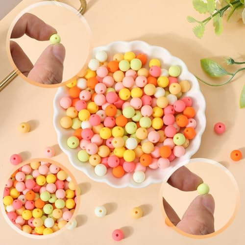 1 Box 500Pcs Round Matte Beads Opaque Acrylic Beads 8mm Ball Frosted Orange Imitated Silicone Bubblegum Smooth Rubberized Spacer Loose Bead for Jewelry Making Bracelet Necklace DIY Crafts - color: Orange