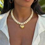 Chunky Heart Necklace for Women, Colorful Acrylic Beaded Statement Puff Heart Necklace, Cute Boho Y2K Choker Necklace for Gift Jewelry - color: Beige