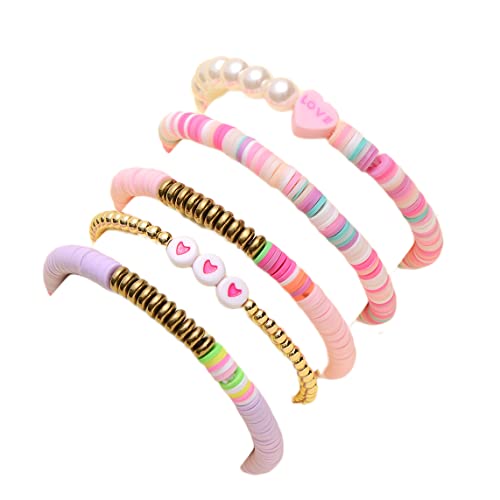 COLORFUL BLING 5-12Pcs Bohemian Love Heart Bead Bracelets for Women Vinyl Disc Heishi Surfer Stackable Stretch Bracelet Summer Beach Boho Jewelry - color: 5pcs pink purple