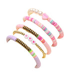 COLORFUL BLING 5-12Pcs Bohemian Love Heart Bead Bracelets for Women Vinyl Disc Heishi Surfer Stackable Stretch Bracelet Summer Beach Boho Jewelry - color: 5pcs pink purple