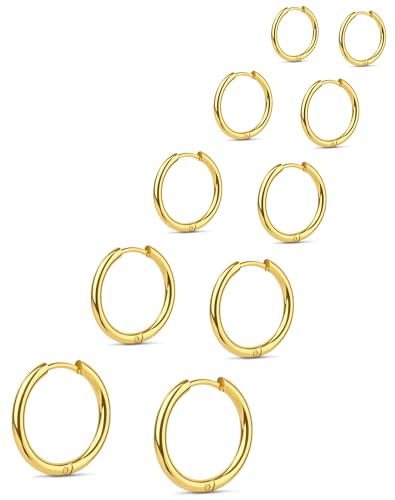 5 Pairs Small Huggie Hoop Earrings for Women, Stainless Steel Lightweight Hypoallergenic Silver/Gold Earrings for Sensitive Ears, Stackable Cartilage Hoop, Minimalist Everyday Jewelry (6/8/10/12/14mm) - color: 5 Pairs Gold - 6/8/10/12/14mm
