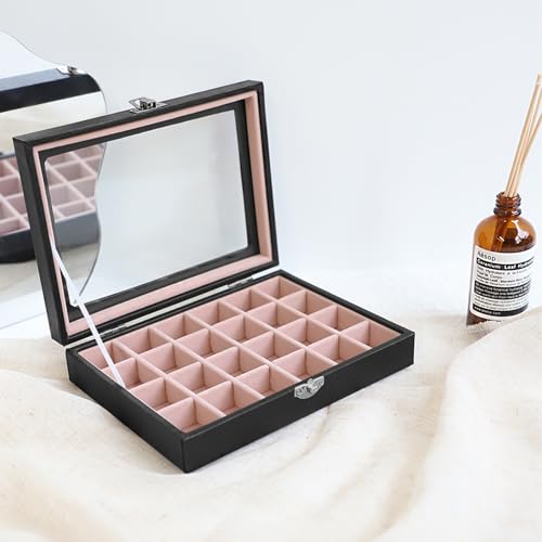 Wudygirl Small Jewelry Box 24 Grid Jewelry Organizer Velvet Jewelry Tray with Clear Lid Earring Holder Organizer Ring Holder Ring Display for Women Jewelry Display Case Drawer Inserts (Pink) - style: Black Pink 24 Grid