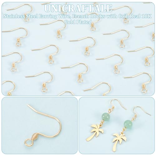 UNICRAFTALE 100Pcs Real 18K Gold Plated Earring Hooks Stainless Steel French Hooks with Horizontal Loop Metal Ear Wires Drop Earring Finding for Jewelry Making DIY Earrings Findings 17x18x2.4mm - size: 17mm Long