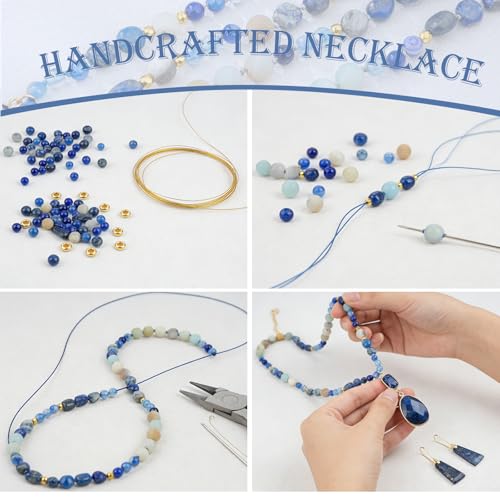 2 Pcs Boho Lapis Lazuli Jewelry Set for Women - Handmade Natural Stone Beaded Long Necklace with Oval Lapis Lazuli Pendant & Trapezoid Lapis Lazuli Earrings | Vintage Elegance | Ideal Gift for Her - style: Lapis Lazuli Pendant