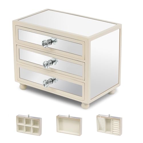 Gifturbo 3-Layer Jewelry Organizer, 3 Drawers Jewelry Box for Women Mirror Storage Box for Necklace Earrings Rings Bracelets,Gift Idea for Girls (White) - color: Mirror White