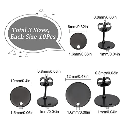 SUNNYCLUE 1 Box 30Pcs 3 Sizes Flat Round Earring Posts Stainless Steel Earring Post Ear Stud with Loop Blank Metal Earring Studs Ear Nuts for Earrings Jewelry Making DIY Women Adults Crafts Supplies - color: 15 Pairs Round Black Stud Earring Findings