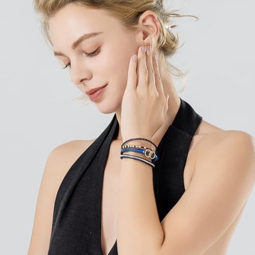 FANCY SHINY Mothers Day Gifts Boho Leather Wrap Bracelet Stackable Infinity Chunky Cuff Bracelets Western Hippie Outfits Jewelry Valentine Gifts for Women - color: Navy Blue
