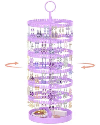 iDavosic.ly 6 Tier Rotating Earring Holder Organizer with Metal Tray, Adjustable Plastic Dangle Display Stands Tree with 342 Grooves, Large Hoop Storage Rack Tower, Purple - color: Lavender, size: 6 Tiers