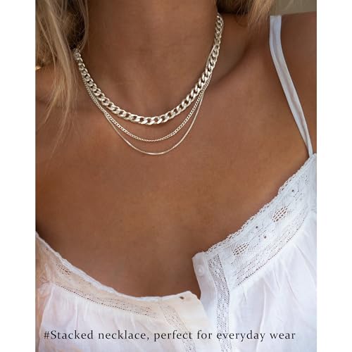 3PCS Gold Necklaces for Women,Chunky Statement Gold Plated Necklace Stack Layered Sterling Silver Herringbone Chains for Women Dainty Trendy Silver Chains Stacked Jewelry Gifts - color: silver statement necklace set