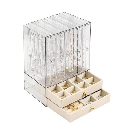 Greenfeather Jewelry Organizer with 7 Removable Drawers, Clear Acrylic Jewelry Box with 40 Necklace Hooks 120 Pairs of Earring Holes 2 Velvet-Lined Drawers for Rings Necklaces Earrings - color: Off-White-Style A