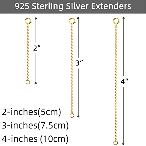 Gold Necklace Extender 14K, 925 Sterling Silver Necklace Extenders Gold Chain Bracelet Anklet Jewelry Extension for Necklaces, 3 Piece Set (2, 3, 4 Inches) - color: Gold, size: 2 3 4 inch