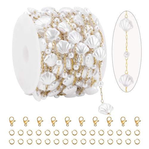 KYUNHOO 16.4FT/5M Artificial Shell Pearl Chain Roll Stainless Steel Paperclip Links Gold Plated Chains for Jewelry Making with Jewelry Connectors - color: Shell Gold