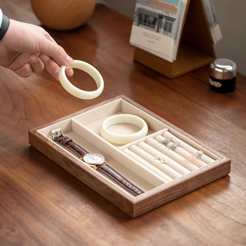 Black Walnut Wood Jewelry Tray with Velvet Lining, Multi-Functional Jewelry Organizer for Rings, Earrings, Necklaces & Bracelets, Drawer Jewelry Storage & Display Tray - color: 2grid+5 line