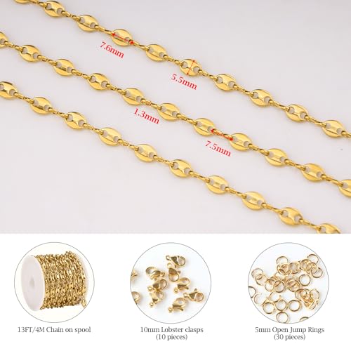 KYUNHOO 13FT/4M Gold Plated Chain for Jewelry Making Coffee Bean Link Craft Supplies Stainless Steel Chains Spool for Women DIY Handcrafts - color: Coffee Bean Gold