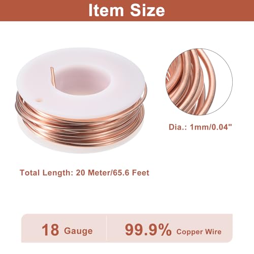 uxcell Soft Copper Wire (18 Gauge, 65.6 FT), 99.9% Pure Bare Copper Wire 1mm Solid Craft Wire for DIY Crafting Gardening Decoration (20Meter) - size: 18 Gauge x 65.6 FT