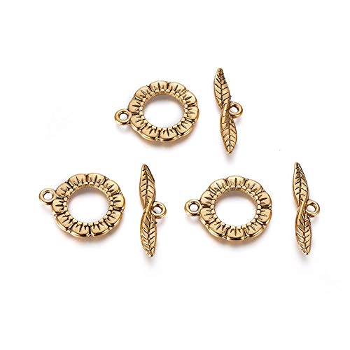 Craftdady 20 Sets Antique Gold Flower Round Toggle Clasps Tibetan Closure Ring End Clasps with T-Bar Connectors for Bracelet Necklace Jewelry Making - color: Antique Golden, 17mm